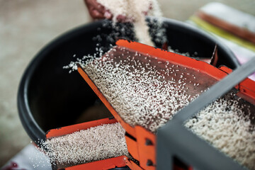 The rice is milled by a rice mill machine. © Charnchai saeheng