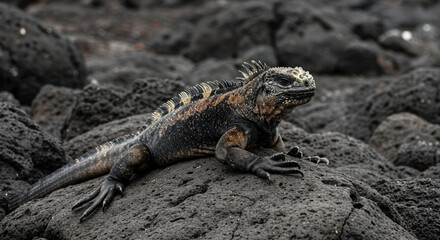 Fototapeta premium Galapagos Marine Iguana Basking on Volcanic Rocks