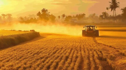 Fototapeta premium Rural landscape aerial tractor in action during golden hour enhancing agricultural yield
