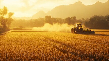 Obraz premium High-fidelity gigapixel view of tractor working fields at sunrise in rural landscape