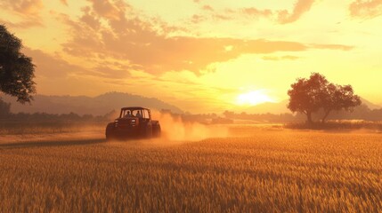 Naklejka premium Golden field sunset tractor at work in high fidelity agricultural scene