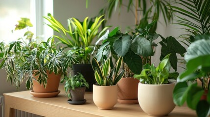 Fototapeta premium A cozy office space with a mix of small and large potted plants enhancing the aesthetic of a wooden desk