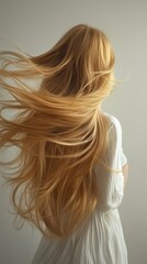 Obraz premium Beautiful model girl with blond hair strand,silky healthy chestnut wavy hair strand,hair wavy ribbon, with smooth,Keratin straightening,Treatment,straight long hair,procedures,Smooth hairstyle.