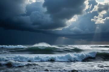 Naklejka premium Dramatic Ocean Waves Crashing Under a Dark and Stormy Sky with Sunbeams