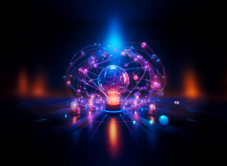 A luminous light bulb is encircled by connected spheres, creating a digital network effect. The scene is bathed in blue and pink light against a dark backdrop.