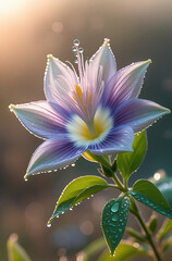 Fototapeta premium A Passiflora flower in the morning light, with intricate, purple petals and lush green leaves. Created with generated AI.