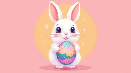 The rabbit carries a colorfully decorated egg for the Easter celebration, doodle draw kawaii. vector illustration art