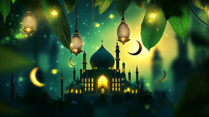 Majestic Mosque with Crescent Moons and Lanterns in a Mystical Evening Scene