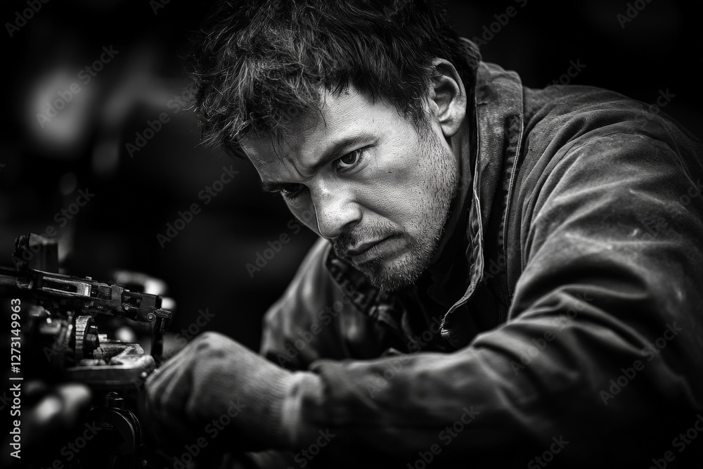 Poster Skilled mechanic focuses intently on delicate machinery in a workshop during late afternoon hours