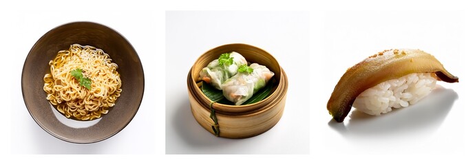 A trio of diverse dishes: noodles served in a brown bowl, steamed dumplings within a bamboo container, and a piece of sushi displayed on a clean white backdrop.