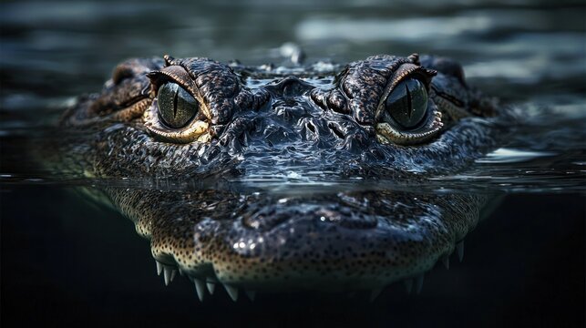 A crocodile emerging from the water with only its eyes visible above the surface