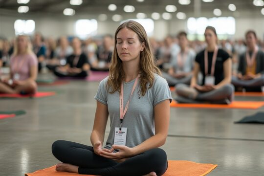 Gathering of individuals practicing mindfulness and meditation during a large yoga event in a spacious indoor venue