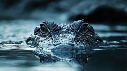 Obraz premium A crocodile emerging from the water with only its eyes visible above the surface