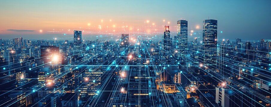 A futuristic city where AI-powered devices show synchronized system updates