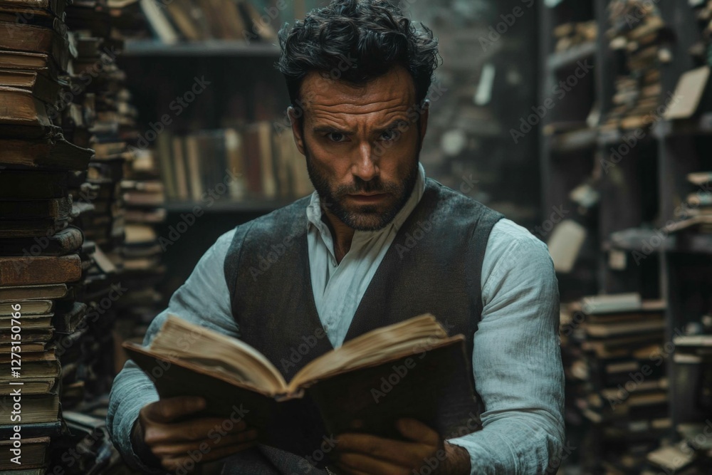 Poster man reading an old book in a dimly lit library surrounded by towering shelves of antique books
