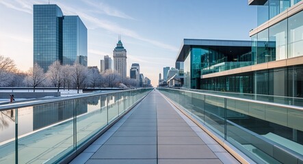 High tech city walkway at day with glass barriers and sleek architecture winter season clear cold sky