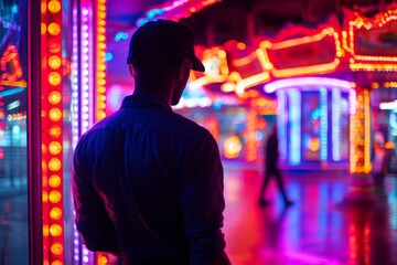 Fototapeta premium Man in silhouette stands near vibrant carnival lights at night while others walk by in the background
