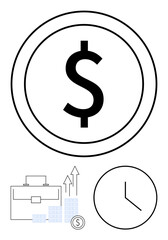 Large dollar sign inside a circle, briefcase with rising arrow charts, small dollar coin, and clock. Ideal for finance, investment, business growth, time management, corporate strategy financial