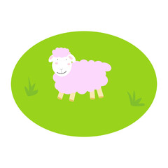 Lamb cartoon pink on the green grass, cartoon, flat design