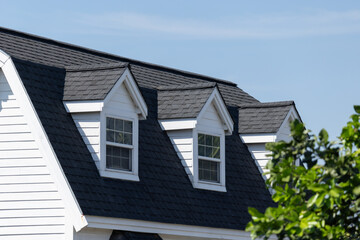 A house with a black roof and white trim
