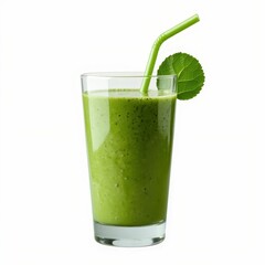 Fototapeta premium Refreshing Green Smoothie with Straw and Leaf Garnish on White Backdrop Healthy Drink Elixir