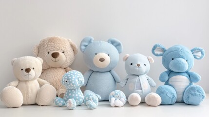 A cute nursery with a crib, plush toys, and soft toys, all arranged beautifully against a white background.