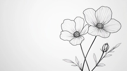 Naklejka premium Elegant line art cosmos flowers, white background, minimalist design, greeting card