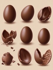 Fototapeta premium Chocolate eggs set. Isolated whole, broken, exploded, cracked and open brown eggs collection. Realistic sweet chocolate candy dessert icons. Vector Easter holiday celebration concept