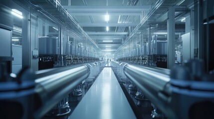 Fototapeta premium Futuristic Factory: Conveyor Belt System in a Modern Industrial Facility