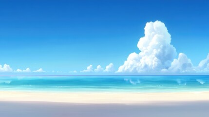 A serene beach scene featuring soft white sand, calm turquoise waters, and fluffy clouds under a bright blue sky, Ideal for travel blogs, relaxation themes, or promoting beach activities,
