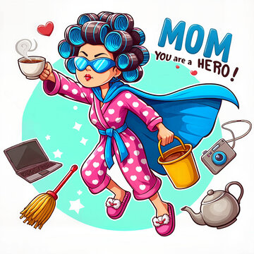 Supermom in Robe and Cape Holding Coffee Mug with Household Items, Humorous Mother&rsquo;s day, Mother&rsquo;s day comics, Mom &ndash; you are a hero text