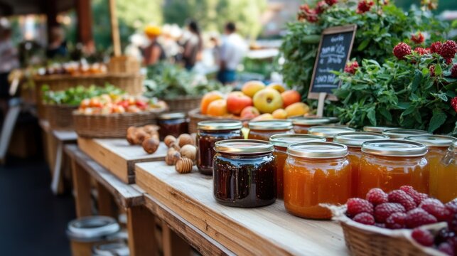 Fruit jams and fresh produce at rustic farmers market. Bee Active Bee Healthy Bee Happy Week