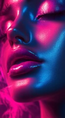 Obraz premium Close-Up of Glossy Lips and Radiant Skin with Neon Lighting Effects