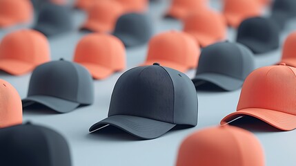 Obraz premium A symmetrical arrangement of minimalist caps in solid bold colors, matte finishes and clean lines, flat, diffused lighting, ultra-clean white background, modern and sporty mood