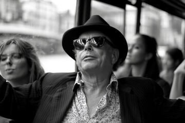 Man in a hat enjoying a boat ride while two women look on in a bustling city atmosphere