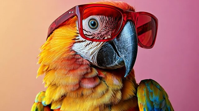 Chic Parrot with Sunglasses: A vibrant parrot with a colorful plumage, wearing stylish red sunglasses against a dynamic gradient background