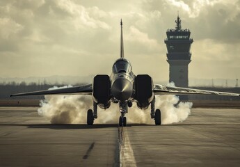 Fototapeta premium Jet Aircraft Taking Off with Smoke at Airport Control Tower