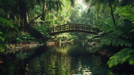 A deep jungle scene with a wooden footbridge crossing a river, surrounded by greenery
