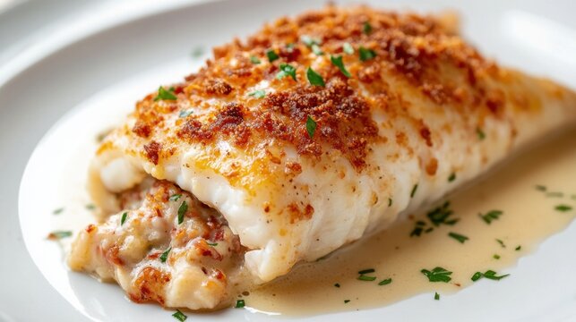 Gourmet baked stuffed fish with cream sauce and herbs on white plate. National Crab Stuffed Flounder Day