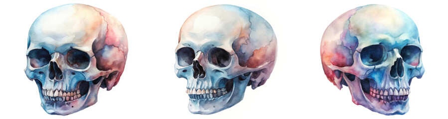 Watercolor skull illustrations, artistic anatomy study, colorful design elements, medical education graphics.