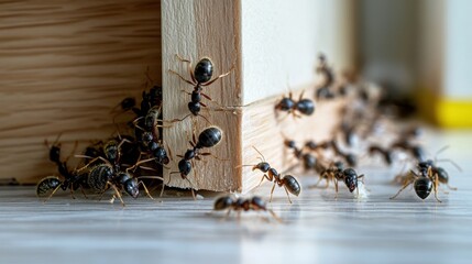 Ants invading a wooden corner indoors, symbolizing teamwork and persistence. National Pest Management Month