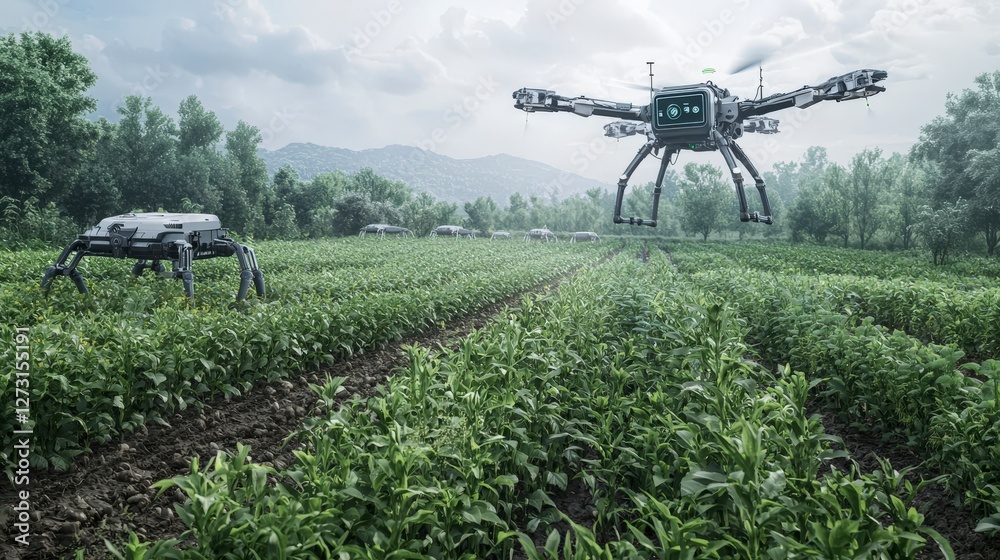 Poster Ai robots transforming agriculture farm fields drone and robot technology rural setting aerial perspective