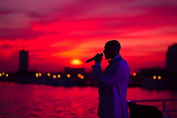 Fototapeta premium Singer performs at sunset on a boat with vibrant colors in the sky over a city skyline