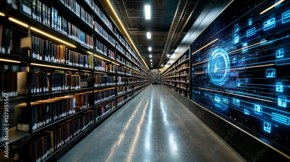 Poster futuristic library featuring digital holographic books in modern space innovative environment engagi