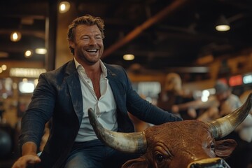 Smiling man enjoys ride on mechanical bull at lively western-themed venue during evening gathering