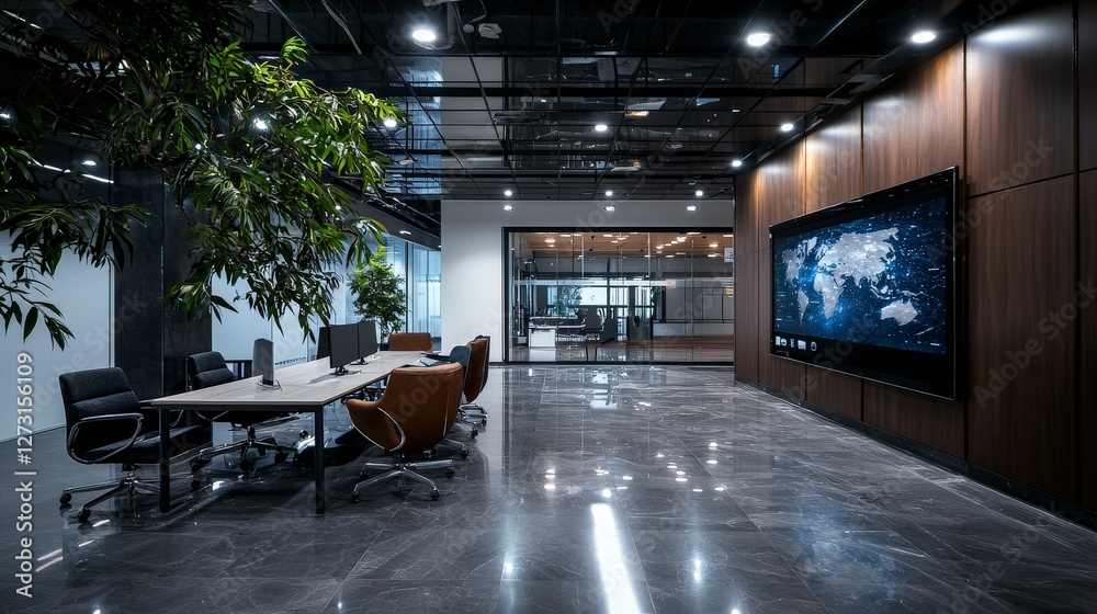 Poster futuristic workspace enhancing employee access to personal resources modern office interior design c