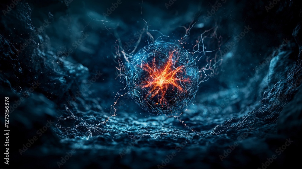 Leinwandbilder pulsating energy sphere glowing in dark abyss digital art sci-fi environment mysterious perspective 