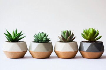 Fototapeta premium Modern Indoor Succulent Plants in Geometric Pots on White Background