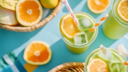 Sunny Outdoor Picnic with Matcha Cold Brew Drinks and Fresh Fruit Slices