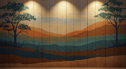 Rustic wooden wall mural with abstract mountain landscape art under soft lighting